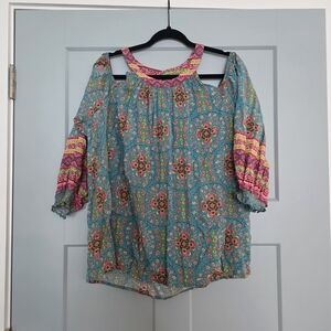 Cato Boho Floral Peasant Top 18/20W Teal Pink Cottagecore Blouse